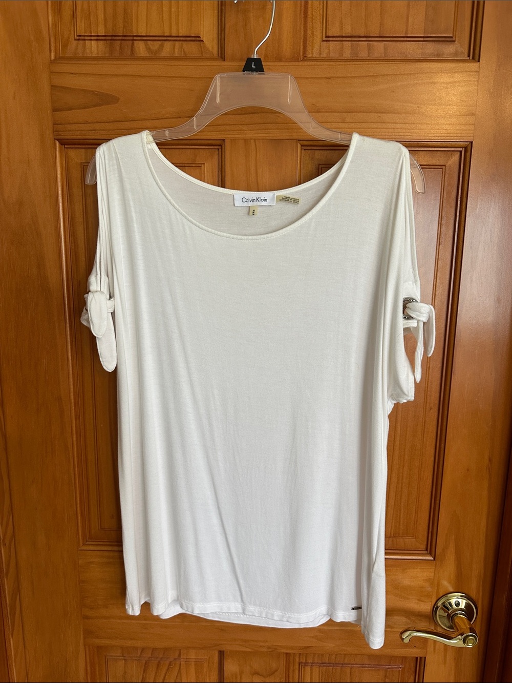 Calvin Klein Women's White Cold Shoulder Tee with Tie Sleeves